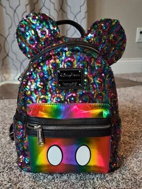 Loungefly Rainbow Sequin Mickey Ear Mini Backpack with Holographic Front Pocket